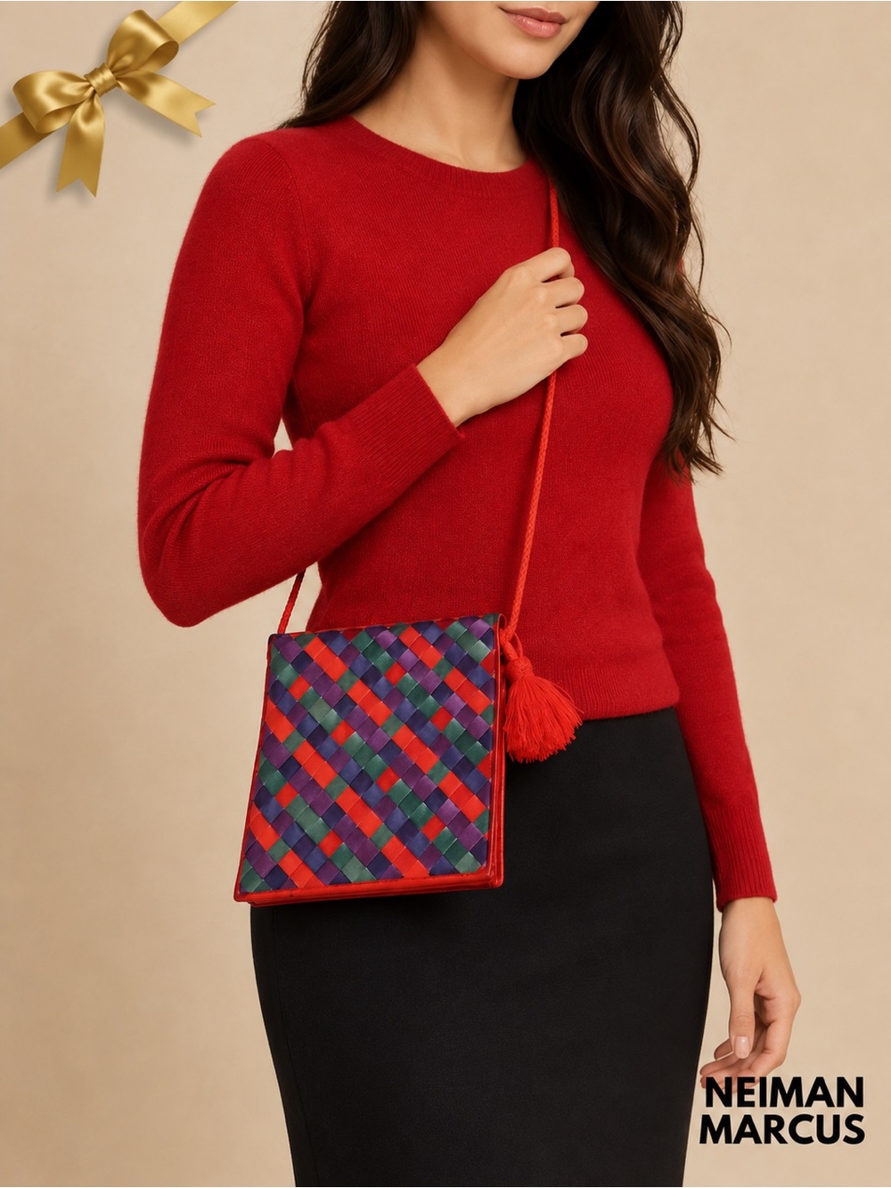 Neiman Marcus Red-Purple Woven Tassel Crossbody Bag